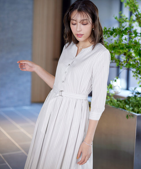 ベルト付きストライプワンピース