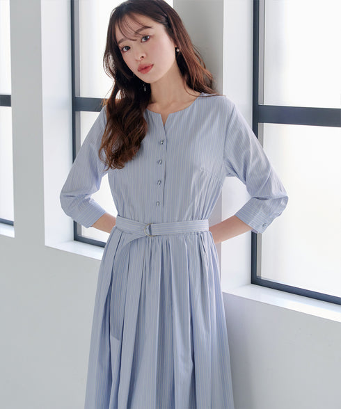 ベルト付きストライプワンピース
