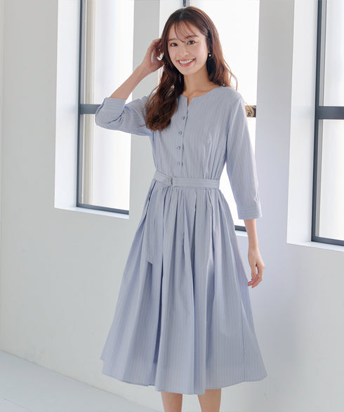 ベルト付きストライプワンピース