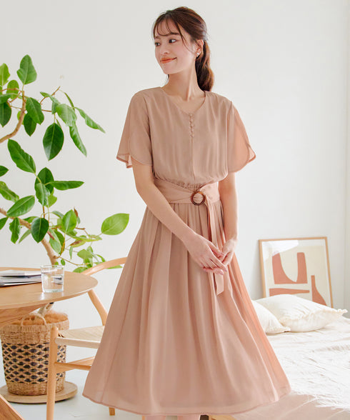 花びらスリーブベルト付きワンピース