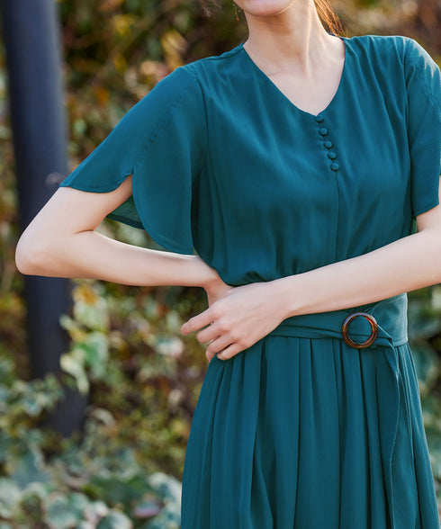 花びらスリーブベルト付きワンピース