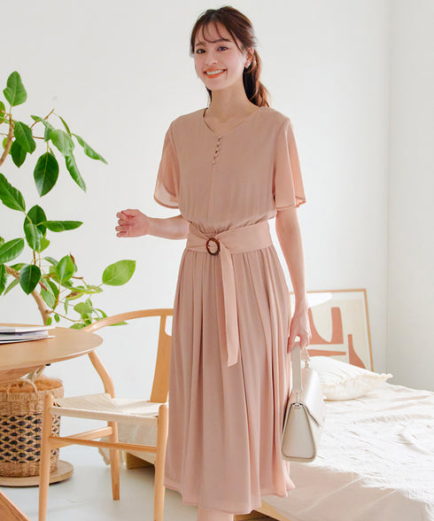 花びらスリーブベルト付きワンピース