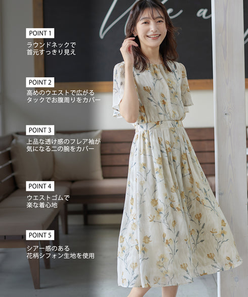 大花柄シフォンワンピース