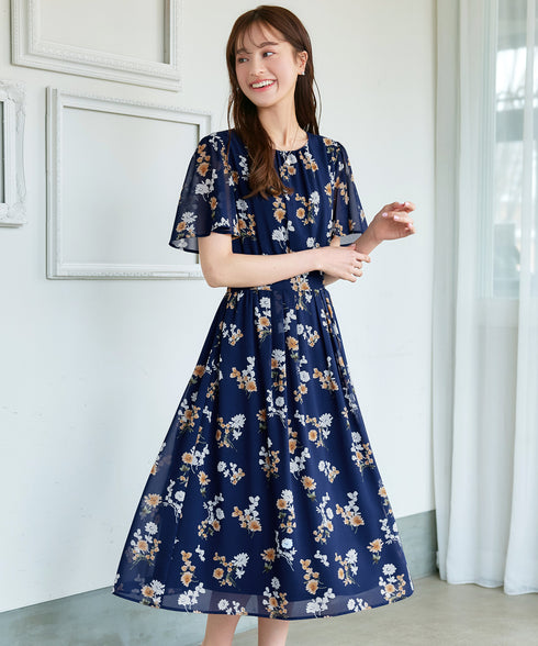 大花柄シフォンワンピース