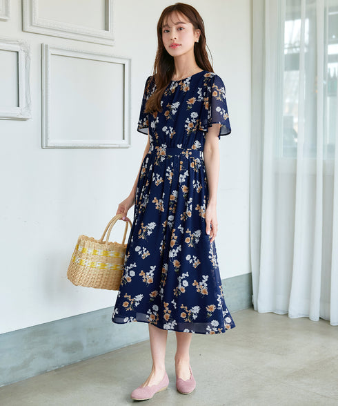 大花柄シフォンワンピース