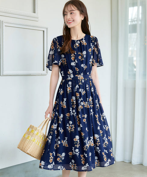 【新色追加】 大花柄シフォンワンピース