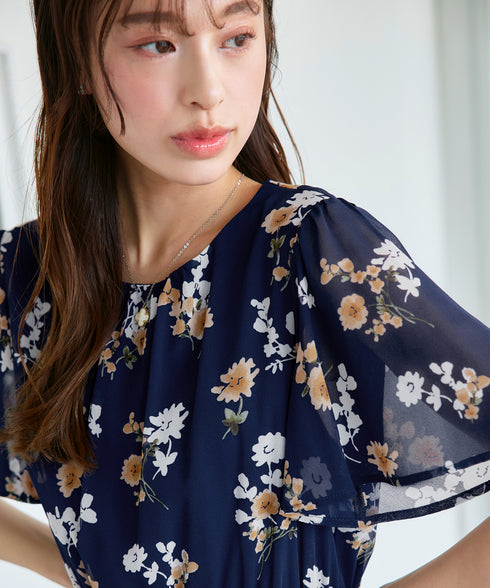 大花柄シフォンワンピース