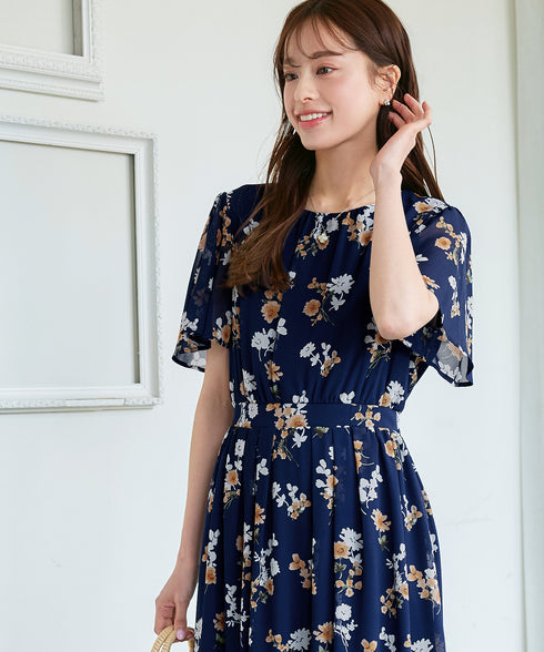 大花柄シフォンワンピース