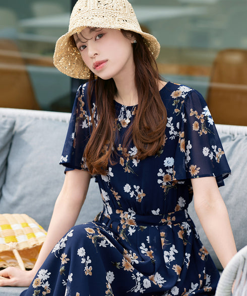 【新色追加】 大花柄シフォンワンピース
