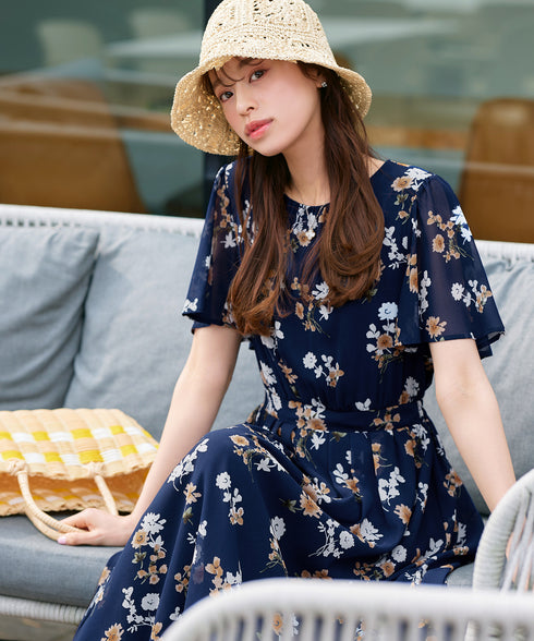 大花柄シフォンワンピース