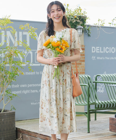 【新色追加】 大花柄シフォンワンピース