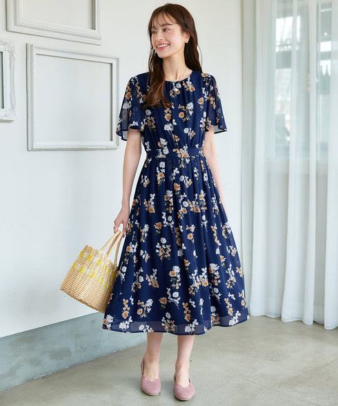 大花柄シフォンワンピース