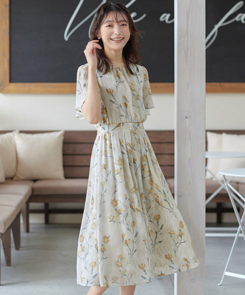 大花柄シフォンワンピース