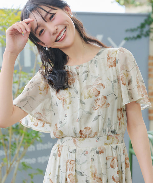 【新色追加】 大花柄シフォンワンピース