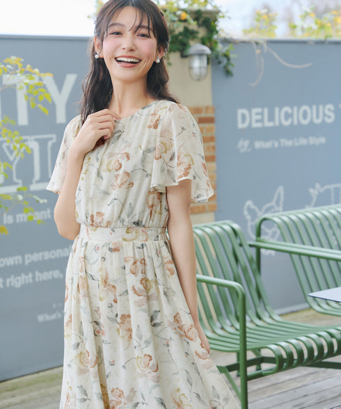 【新色追加】 大花柄シフォンワンピース