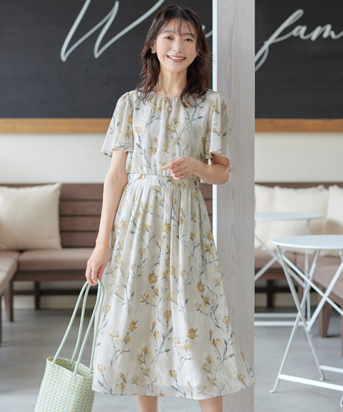 大花柄シフォンワンピース