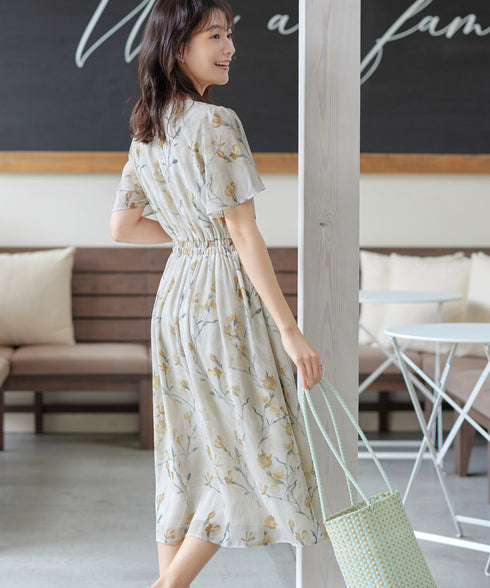 大花柄シフォンワンピース