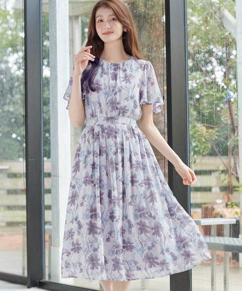 【新色追加】 大花柄シフォンワンピース