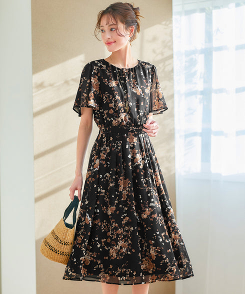 大花柄シフォンワンピース