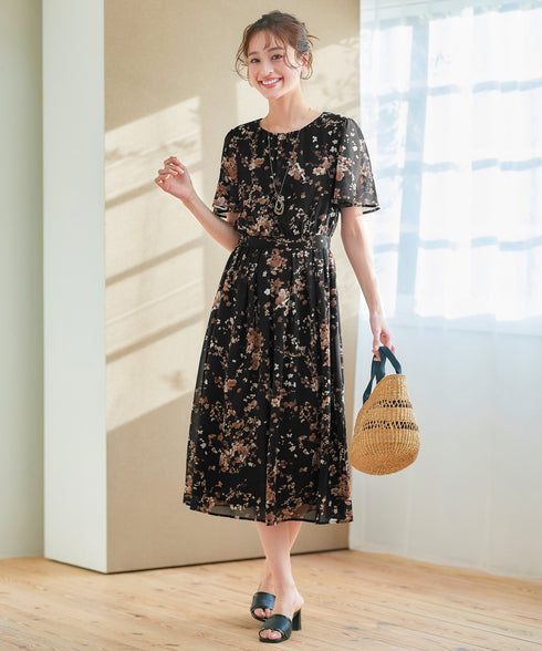 大花柄シフォンワンピース