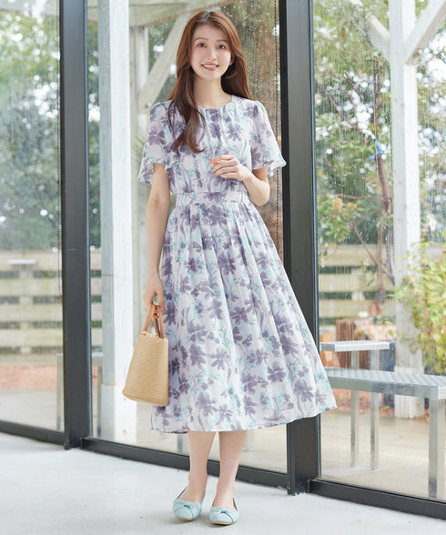 【新色追加】 大花柄シフォンワンピース