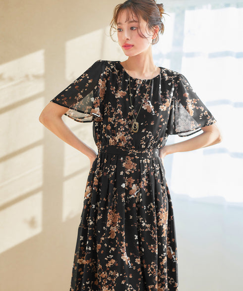 大花柄シフォンワンピース