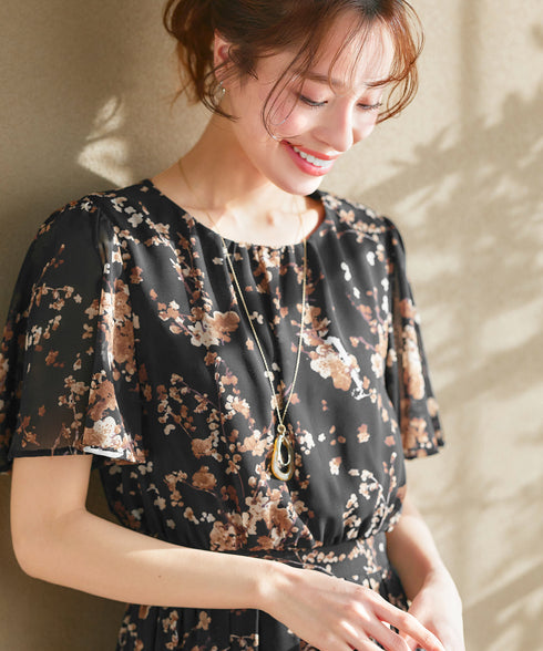 大花柄シフォンワンピース