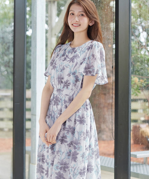 【新色追加】 大花柄シフォンワンピース