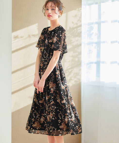 大花柄シフォンワンピース