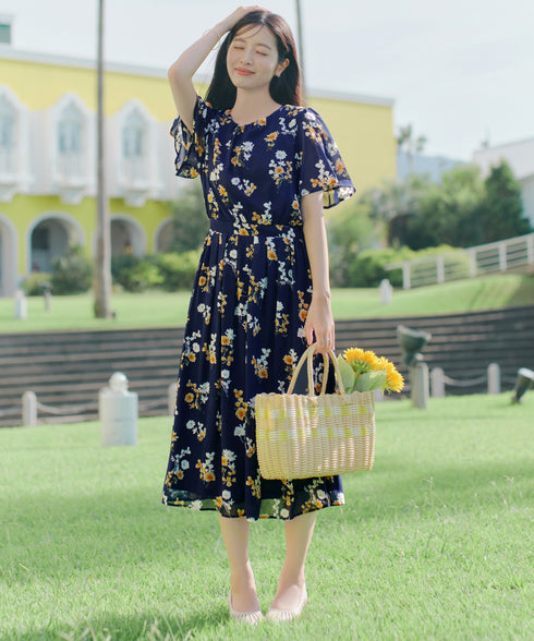 【新色追加】 大花柄シフォンワンピース