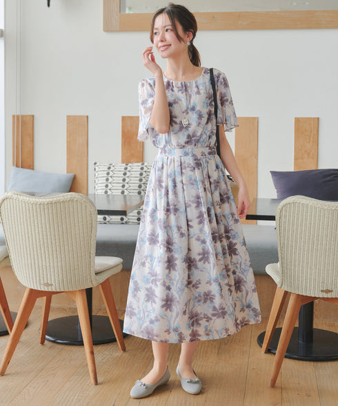 大花柄シフォンワンピース