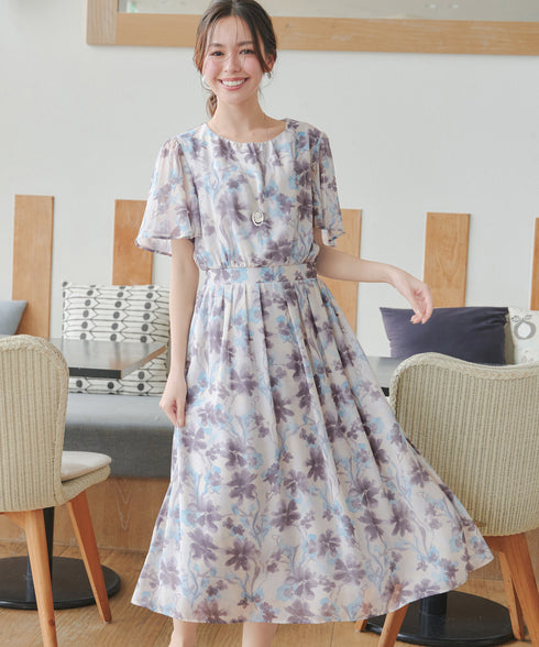【新色追加】 大花柄シフォンワンピース