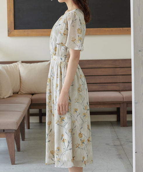 大花柄シフォンワンピース