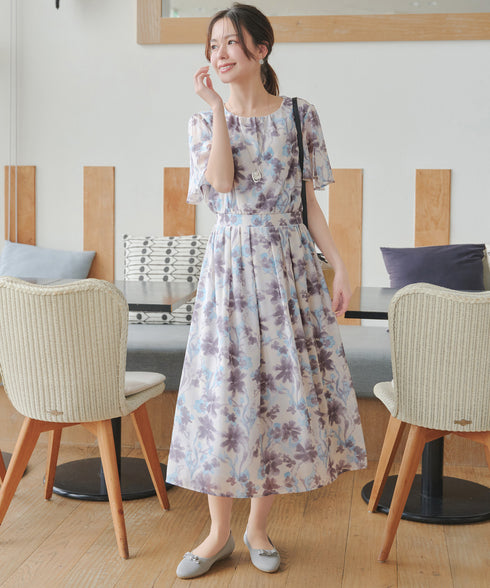 【新色追加】 大花柄シフォンワンピース