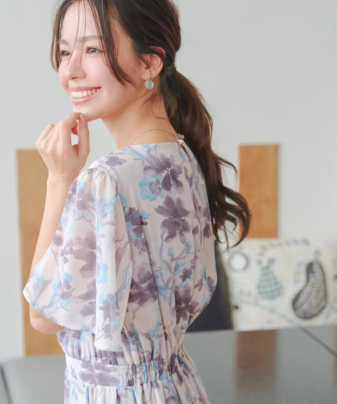 大花柄シフォンワンピース