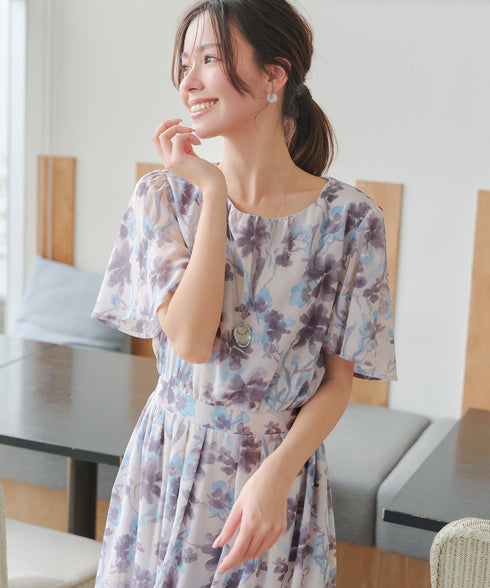 大花柄シフォンワンピース