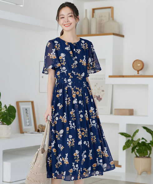【新色追加】 大花柄シフォンワンピース