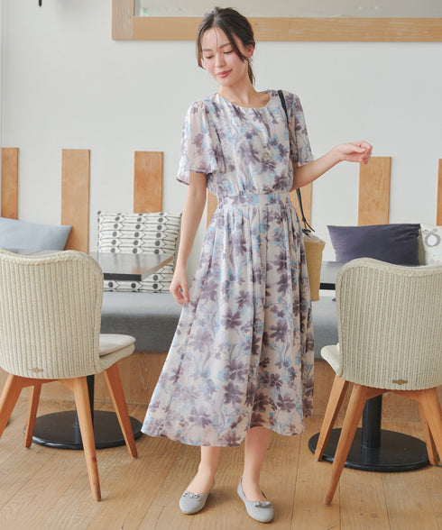 大花柄シフォンワンピース