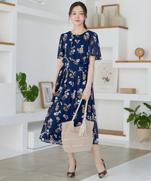 【新色追加】 大花柄シフォンワンピース