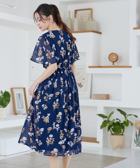 【新色追加】 大花柄シフォンワンピース