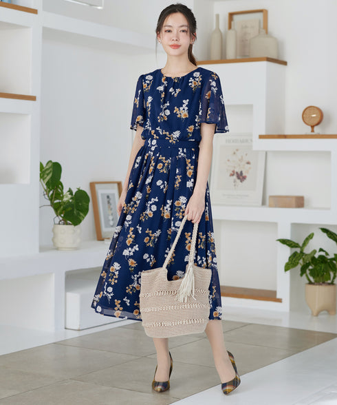 【新色追加】 大花柄シフォンワンピース