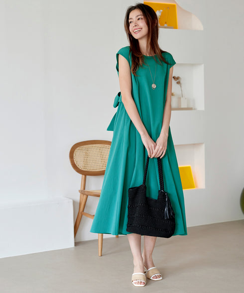 ウエストリボンフレンチスリーブマキシワンピース