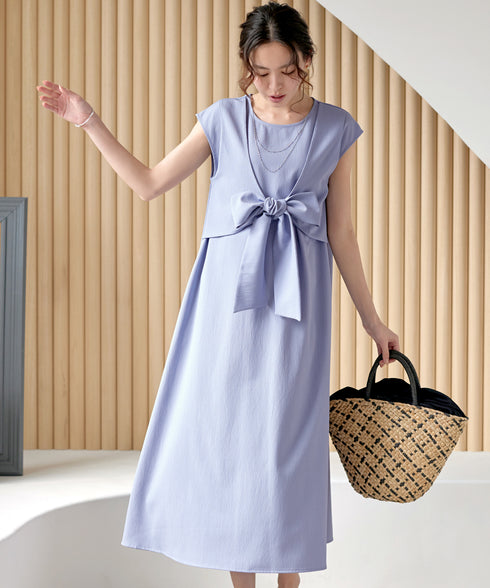 ウエストリボンフレンチスリーブマキシワンピース