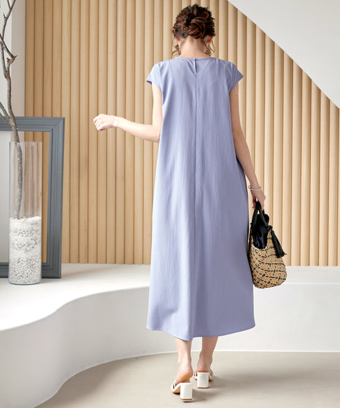 ウエストリボンフレンチスリーブマキシワンピース