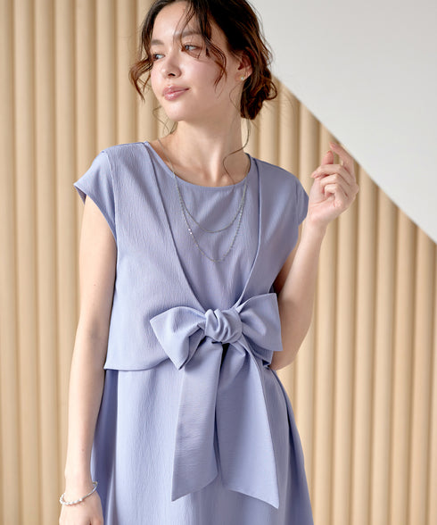 ウエストリボンフレンチスリーブマキシワンピース