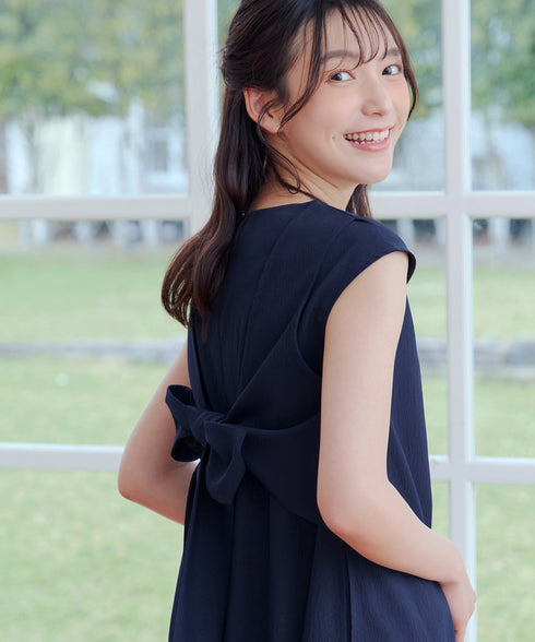 ウエストリボンフレンチスリーブマキシワンピース