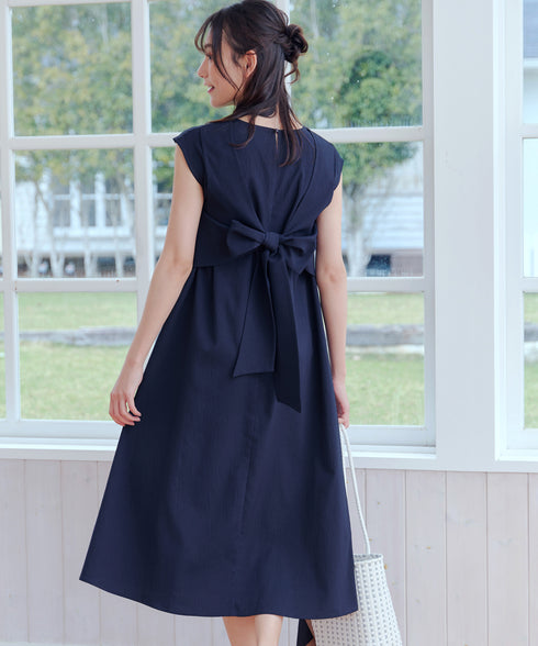 ウエストリボンフレンチスリーブマキシワンピース