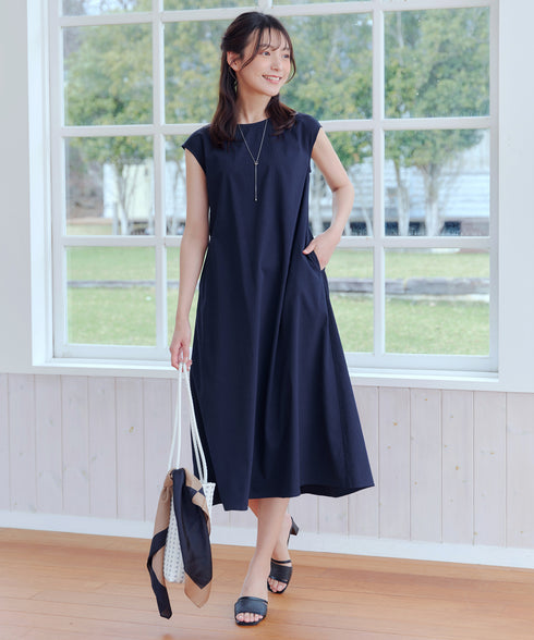 ウエストリボンフレンチスリーブマキシワンピース