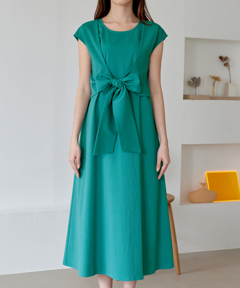 ウエストリボンフレンチスリーブマキシワンピース