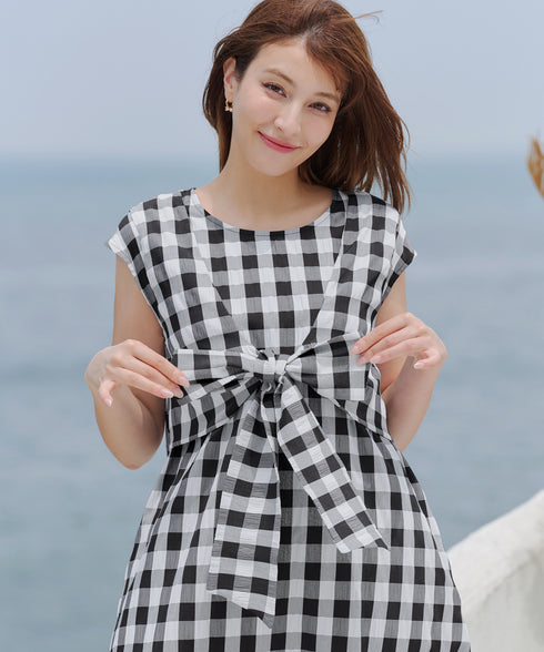 ウエストリボンフレンチスリーブマキシワンピース